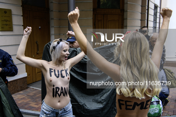 Members of the FEMEN Ukraine group stage a protest in front of the Iranian Embassy in Kyiv, Ukraine, on October 4, 2024, against the deliver...