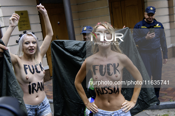 Members of the FEMEN Ukraine group stage a protest in front of the Iranian Embassy in Kyiv, Ukraine, on October 4, 2024, against the deliver...