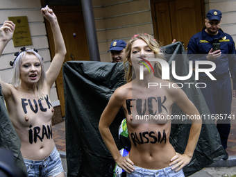 Members of the FEMEN Ukraine group stage a protest in front of the Iranian Embassy in Kyiv, Ukraine, on October 4, 2024, against the deliver...