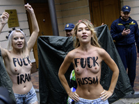 Members of the FEMEN Ukraine group stage a protest in front of the Iranian Embassy in Kyiv, Ukraine, on October 4, 2024, against the deliver...