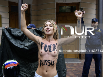 Members of the FEMEN Ukraine group stage a protest in front of the Iranian Embassy in Kyiv, Ukraine, on October 4, 2024, against the deliver...