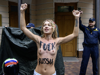 Members of the FEMEN Ukraine group stage a protest in front of the Iranian Embassy in Kyiv, Ukraine, on October 4, 2024, against the deliver...