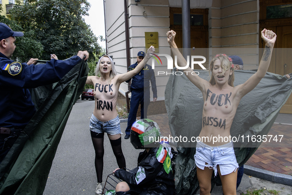 Members of the FEMEN Ukraine group stage a protest in front of the Iranian Embassy in Kyiv, Ukraine, on October 4, 2024, against the deliver...