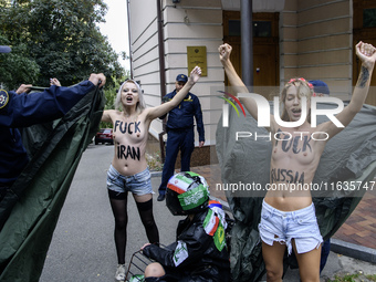 Members of the FEMEN Ukraine group stage a protest in front of the Iranian Embassy in Kyiv, Ukraine, on October 4, 2024, against the deliver...