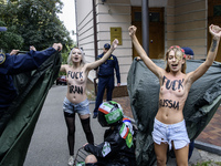 Members of the FEMEN Ukraine group stage a protest in front of the Iranian Embassy in Kyiv, Ukraine, on October 4, 2024, against the deliver...