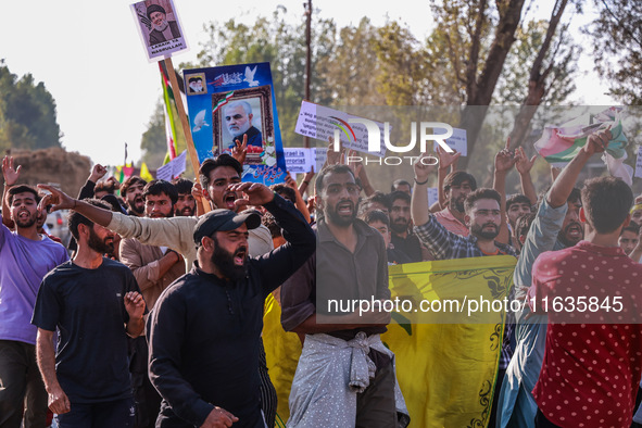 Shia men shout slogans against Israel in Baramulla, Jammu and Kashmir, India, on October 4, 2024. Protests erupt in Baramulla District again...