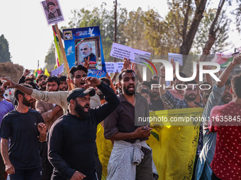 Shia men shout slogans against Israel in Baramulla, Jammu and Kashmir, India, on October 4, 2024. Protests erupt in Baramulla District again...