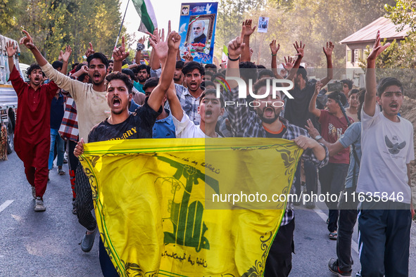 Shia men shout slogans against Israel in Baramulla, Jammu and Kashmir, India, on October 4, 2024. Protests erupt in Baramulla District again...