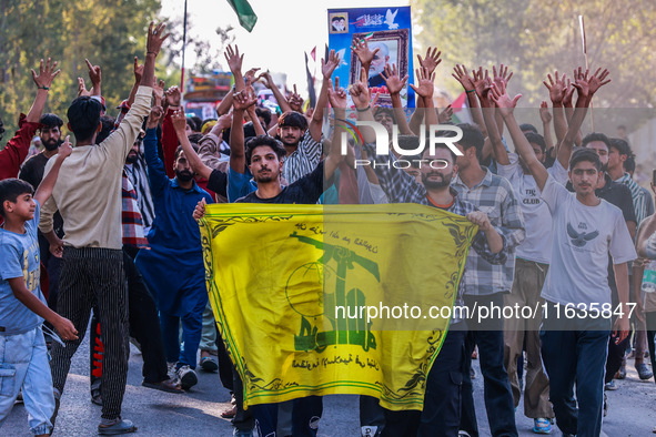 Shia men shout slogans against Israel in Baramulla, Jammu and Kashmir, India, on October 4, 2024. Protests erupt in Baramulla District again...