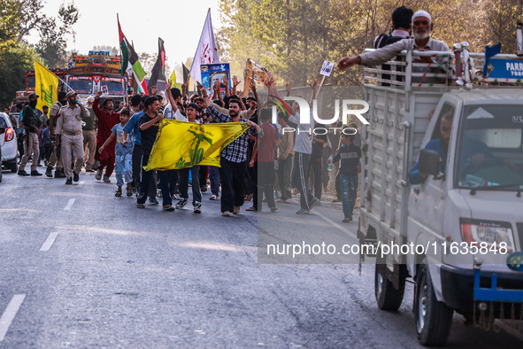 Shia men shout slogans against Israel in Baramulla, Jammu and Kashmir, India, on October 4, 2024. Protests erupt in Baramulla District again...