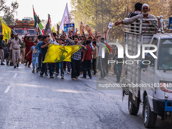 Shia men shout slogans against Israel in Baramulla, Jammu and Kashmir, India, on October 4, 2024. Protests erupt in Baramulla District again...