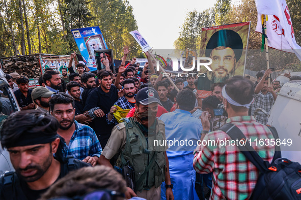 Shia men shout slogans against Israel in Baramulla, Jammu and Kashmir, India, on October 4, 2024. Protests erupt in Baramulla District again...