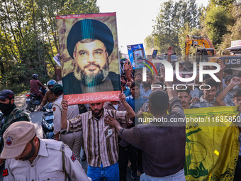 Shia men shout slogans against Israel in Baramulla, Jammu and Kashmir, India, on October 4, 2024. Protests erupt in Baramulla District again...