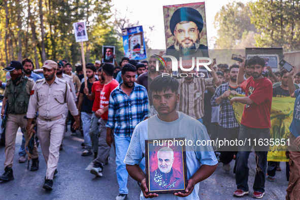 Shia men shout slogans against Israel in Baramulla, Jammu and Kashmir, India, on October 4, 2024. Protests erupt in Baramulla District again...