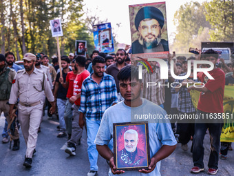 Shia men shout slogans against Israel in Baramulla, Jammu and Kashmir, India, on October 4, 2024. Protests erupt in Baramulla District again...