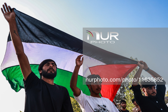 Shia men shout slogans against Israel in Baramulla, Jammu and Kashmir, India, on October 4, 2024. Protests erupt in Baramulla District again...