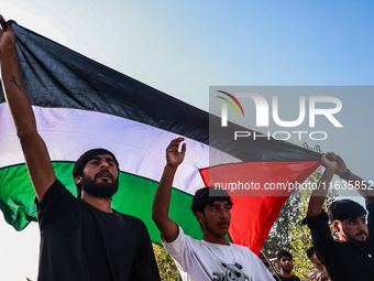 Shia men shout slogans against Israel in Baramulla, Jammu and Kashmir, India, on October 4, 2024. Protests erupt in Baramulla District again...