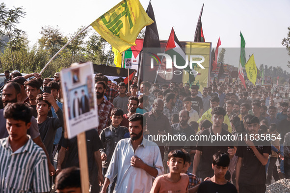 Shia men shout slogans against Israel in Baramulla, Jammu and Kashmir, India, on October 4, 2024. Protests erupt in Baramulla District again...