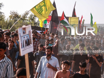 Shia men shout slogans against Israel in Baramulla, Jammu and Kashmir, India, on October 4, 2024. Protests erupt in Baramulla District again...