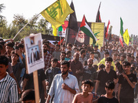 Shia men shout slogans against Israel in Baramulla, Jammu and Kashmir, India, on October 4, 2024. Protests erupt in Baramulla District again...