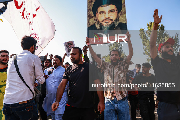 Shia men shout slogans against Israel in Baramulla, Jammu and Kashmir, India, on October 4, 2024. Protests erupt in Baramulla District again...