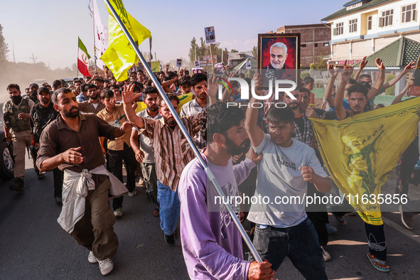 Shia men shout slogans against Israel in Baramulla, Jammu and Kashmir, India, on October 4, 2024. Protests erupt in Baramulla District again...