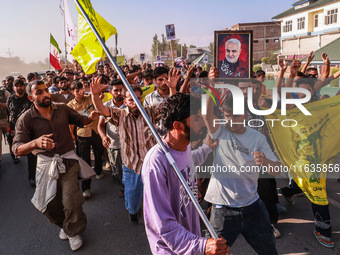 Shia men shout slogans against Israel in Baramulla, Jammu and Kashmir, India, on October 4, 2024. Protests erupt in Baramulla District again...