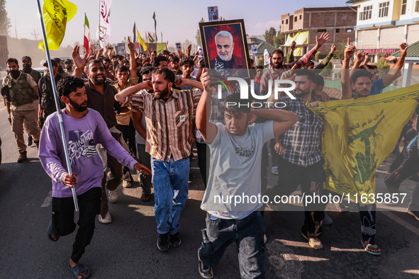 Shia men shout slogans against Israel in Baramulla, Jammu and Kashmir, India, on October 4, 2024. Protests erupt in Baramulla District again...