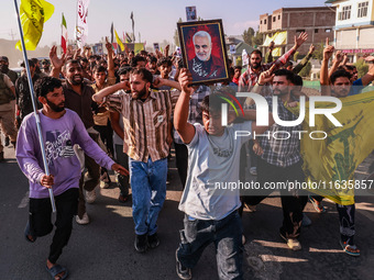 Shia men shout slogans against Israel in Baramulla, Jammu and Kashmir, India, on October 4, 2024. Protests erupt in Baramulla District again...