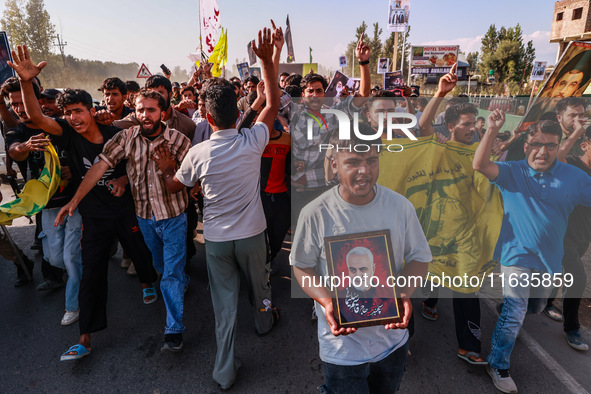 Shia men shout slogans against Israel in Baramulla, Jammu and Kashmir, India, on October 4, 2024. Protests erupt in Baramulla District again...