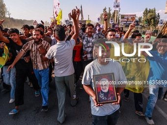 Shia men shout slogans against Israel in Baramulla, Jammu and Kashmir, India, on October 4, 2024. Protests erupt in Baramulla District again...