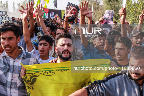 Shia men shout slogans against Israel in Baramulla, Jammu and Kashmir, India, on October 4, 2024. Protests erupt in Baramulla District again...