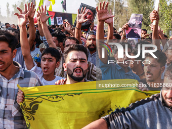 Shia men shout slogans against Israel in Baramulla, Jammu and Kashmir, India, on October 4, 2024. Protests erupt in Baramulla District again...