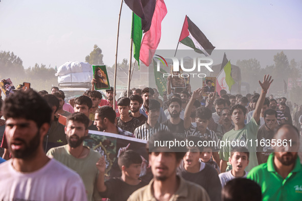 Shia men shout slogans against Israel in Baramulla, Jammu and Kashmir, India, on October 4, 2024. Protests erupt in Baramulla District again...