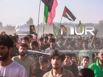 Shia men shout slogans against Israel in Baramulla, Jammu and Kashmir, India, on October 4, 2024. Protests erupt in Baramulla District again...