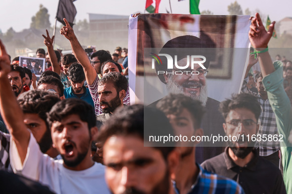 Shia men shout slogans against Israel in Baramulla, Jammu and Kashmir, India, on October 4, 2024. Protests erupt in Baramulla District again...