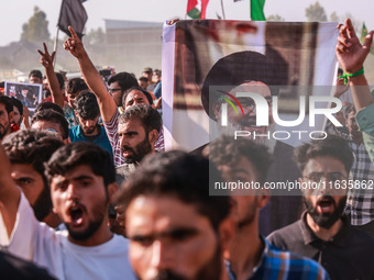 Shia men shout slogans against Israel in Baramulla, Jammu and Kashmir, India, on October 4, 2024. Protests erupt in Baramulla District again...