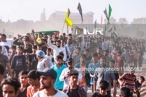 Shia men shout slogans against Israel in Baramulla, Jammu and Kashmir, India, on October 4, 2024. Protests erupt in Baramulla District again...