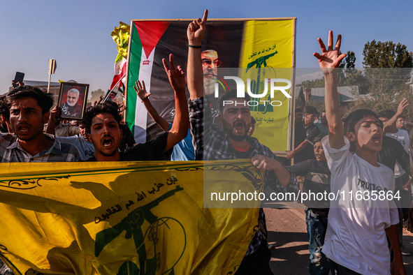 Shia men shout slogans against Israel in Baramulla, Jammu and Kashmir, India, on October 4, 2024. Protests erupt in Baramulla District again...