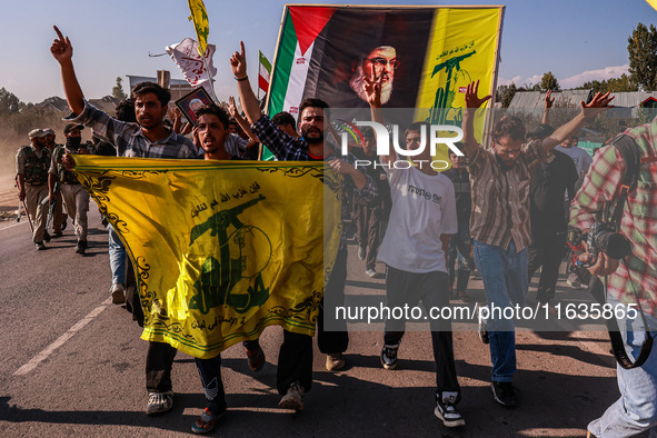 Shia men shout slogans against Israel in Baramulla, Jammu and Kashmir, India, on October 4, 2024. Protests erupt in Baramulla District again...