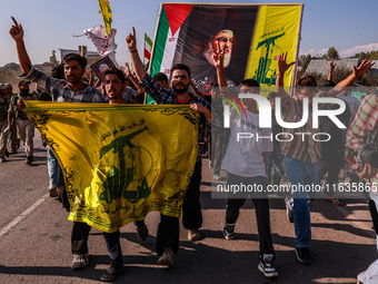 Shia men shout slogans against Israel in Baramulla, Jammu and Kashmir, India, on October 4, 2024. Protests erupt in Baramulla District again...