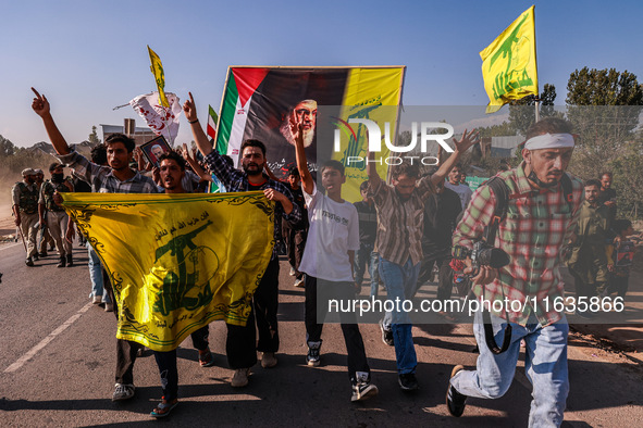 Shia men shout slogans against Israel in Baramulla, Jammu and Kashmir, India, on October 4, 2024. Protests erupt in Baramulla District again...