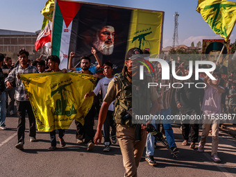 Shia men shout slogans against Israel in Baramulla, Jammu and Kashmir, India, on October 4, 2024. Protests erupt in Baramulla District again...