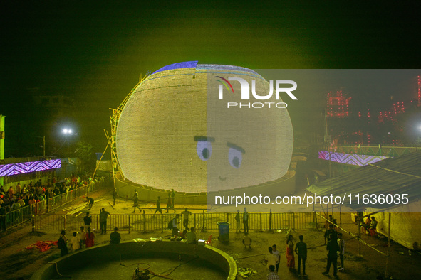 A pandal is designed inspired by the famous Sphere of Las Vegas during the Durga Puja festival in Kolkata, India, on October 4, 2024. 