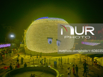 A pandal is designed inspired by the famous Sphere of Las Vegas during the Durga Puja festival in Kolkata, India, on October 4, 2024. (