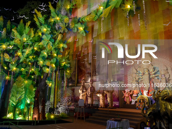 An idol of Durga is seen at a pandal during the Durga Puja festival in Kolkata, India, on October 4, 2024. (