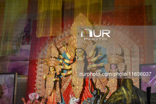 An idol of Durga is seen at a pandal during the Durga Puja festival in Kolkata, India, on October 4, 2024. 