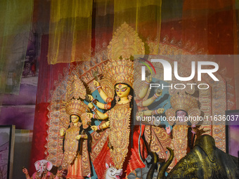 An idol of Durga is seen at a pandal during the Durga Puja festival in Kolkata, India, on October 4, 2024. (