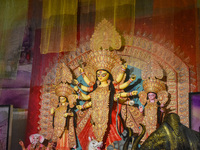 An idol of Durga is seen at a pandal during the Durga Puja festival in Kolkata, India, on October 4, 2024. (