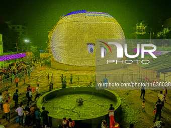 A pandal is designed inspired by the famous Sphere of Las Vegas during the Durga Puja festival in Kolkata, India, on October 4, 2024. (